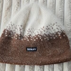 Smiley Chocolate Cream Wool Angora Beanie With Fleece Headband Lining Beanie